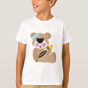 Camiseta urso de menina escolar fofa com lápis de cor amare