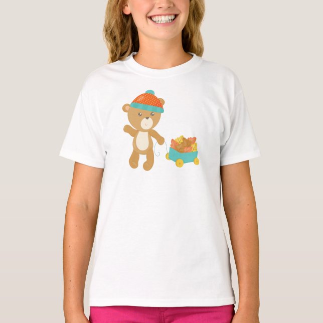 Camiseta Urso de Outono, Urso Bonito, Urso Com Chapéu, Folh (Frente)
