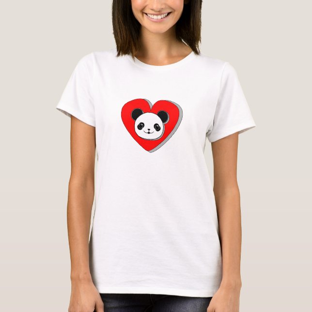 Camiseta Urso De Panda Bonito E Desenho De Coração Vermelho (Frente)