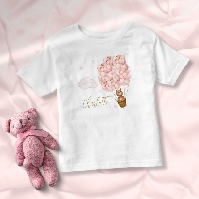 Camiseta Urso de Pelúcia Balões Rosa Letra Dourada (Teddy Bear Pink Balloons Gold Script Toddler T-shirt)