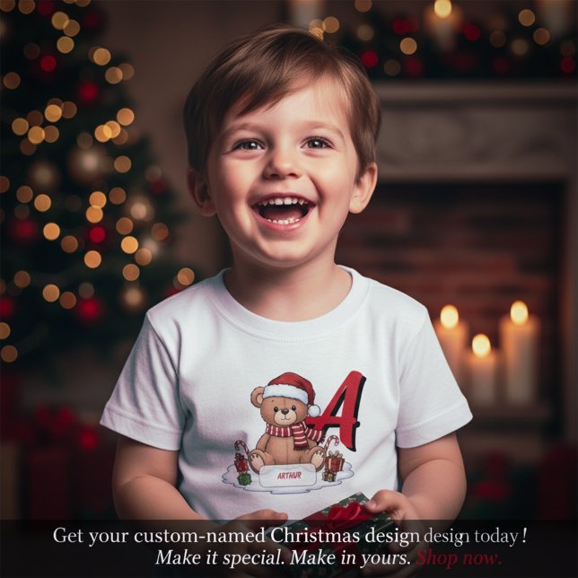 Camiseta Urso de Pelúcia de Natal Fofo Personalizado para C (Personalized Cute Christmas Teddy Bear Kids T-Shirt)