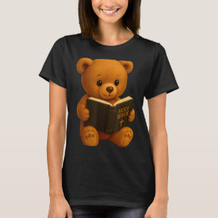 Camiseta Urso de Pelúcia Lendo uma Bíblia Religiosa Cristã 
