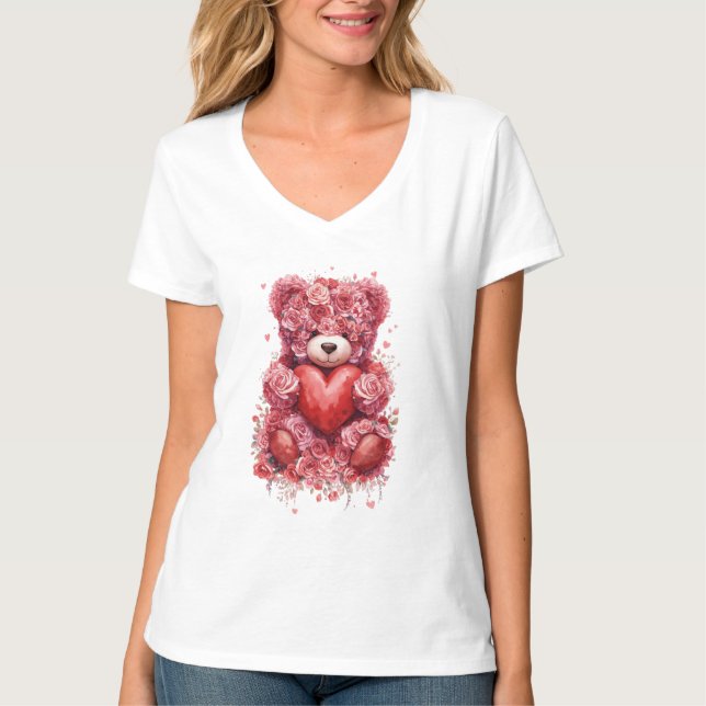 Camiseta Urso de Pelúcia Rosa Vermelha – Presente de Dia do (Frente)