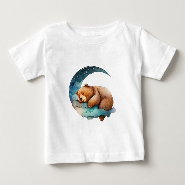 Camiseta Urso de Teddy Bonito Dormindo na Lua Crescente (Frente)