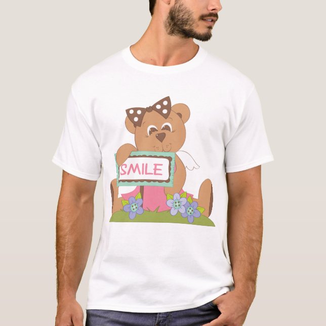 Camiseta Urso de Teddy com Arco Segurando Sinal de Sorriso (Frente)