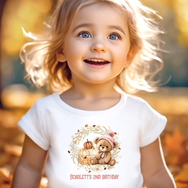Camiseta Urso de Teddy Queda Aniversário Pumpkins Nome Rapa (Teddy Bear Fall Birthday Pumpkins Name Girl Toddler T-shirt)