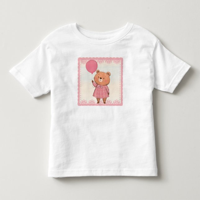 Camiseta Urso de Vestimento da Margem Rosa com Balão Rosa (Frente)