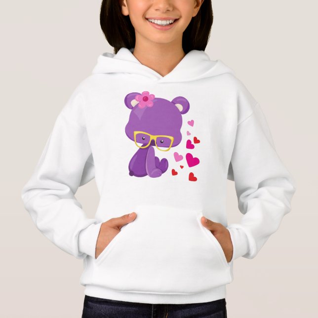 Camiseta Urso dia de os namorados, Urso Roxo, Óculos, Coraç (Frente)
