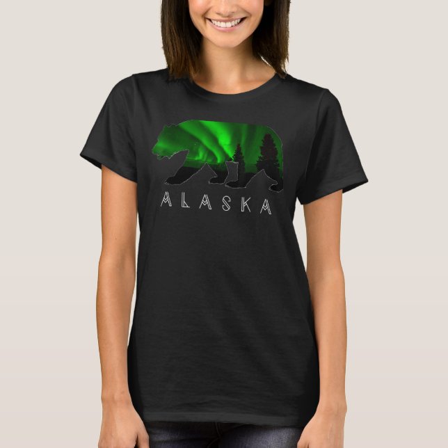 Camiseta Urso do Alasca com Aurora Verde Borealis & Árvores (Frente)