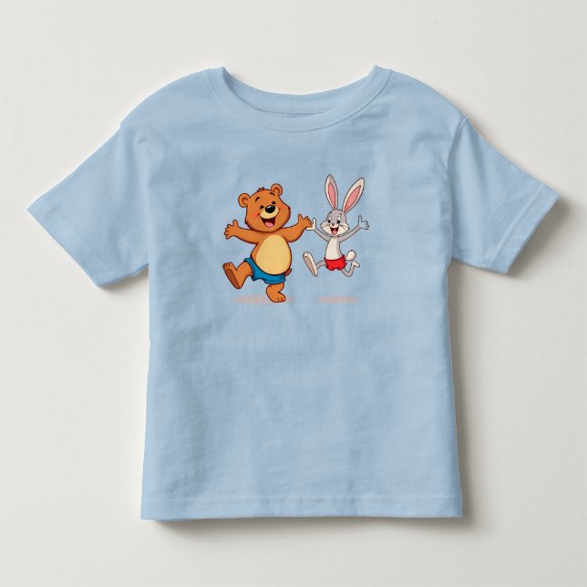Camiseta Urso e coelho de desenho animado alegre dançando a (Frente)