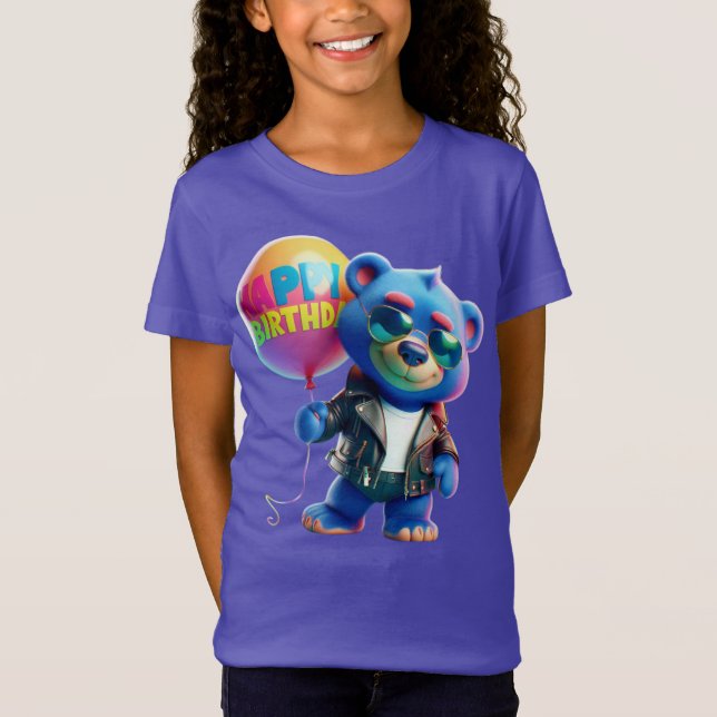 Camiseta Urso em Jaqueta de Couro, Feliz Aniversário, por N (Frente)