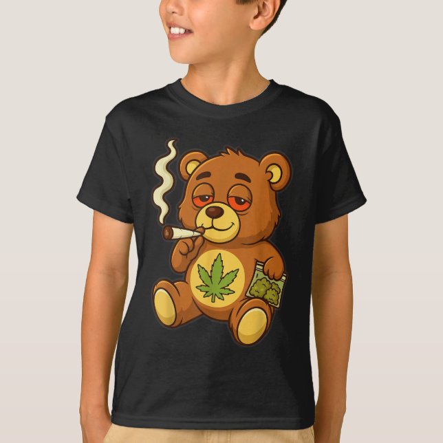 Camiseta Urso Engraçado, Urso Fumante Engraçado Com Folha C (Frente)