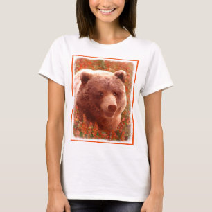 Camiseta Urso Grizzly na Pintura de Arte Selvagem com Algas