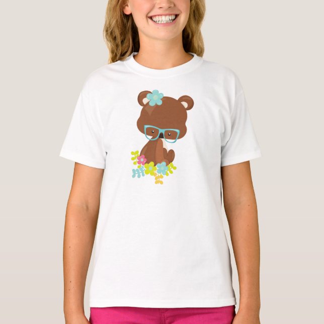 Camiseta Urso hipster, Urso Com Óculos, Flores Coloridas (Frente)