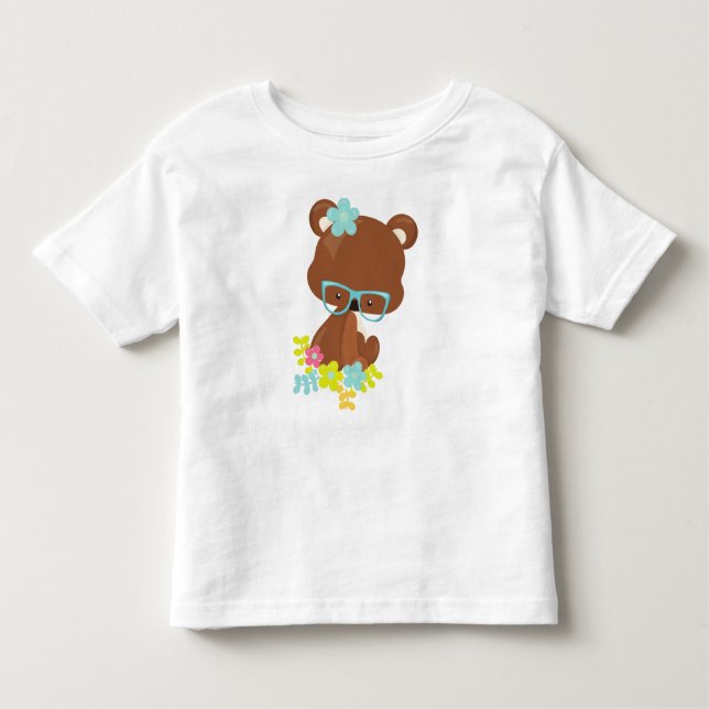 Camiseta Urso hipster, Urso Com Óculos, Flores Coloridas (Frente)