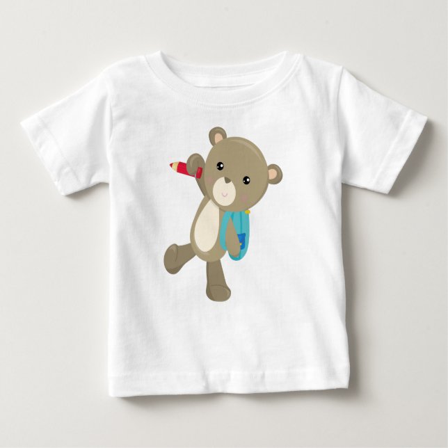 Camiseta Urso Indo Para A Escola, Urso Bonito, Mochila, Láp (Frente)