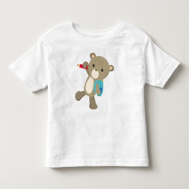 Camiseta Urso Indo Para A Escola, Urso Bonito, Mochila, Láp (Frente)