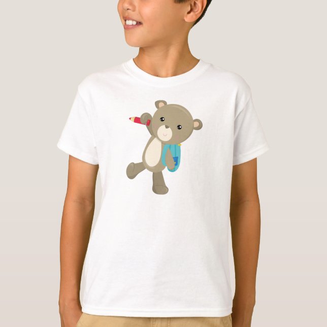 Camiseta Urso Indo Para A Escola, Urso Bonito, Mochila, Láp (Frente)
