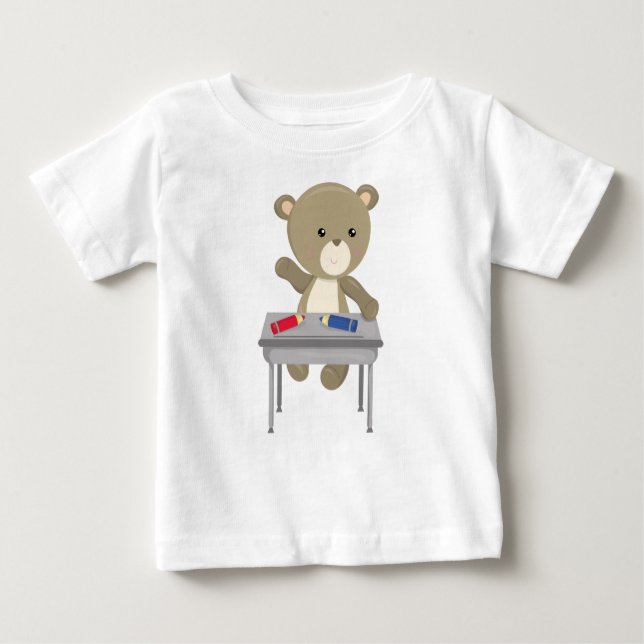 Camiseta Urso Indo Para A Escola, Urso Marrom, Urso Bonito, (Frente)