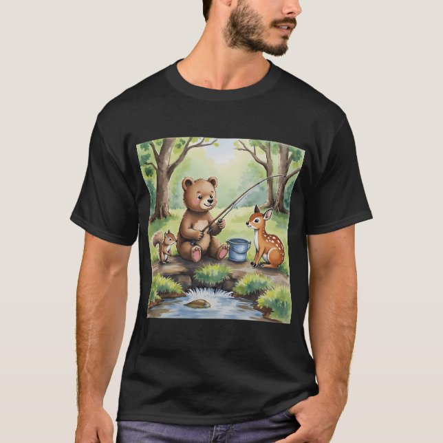 Camiseta Urso jovem pescando. (Frente)