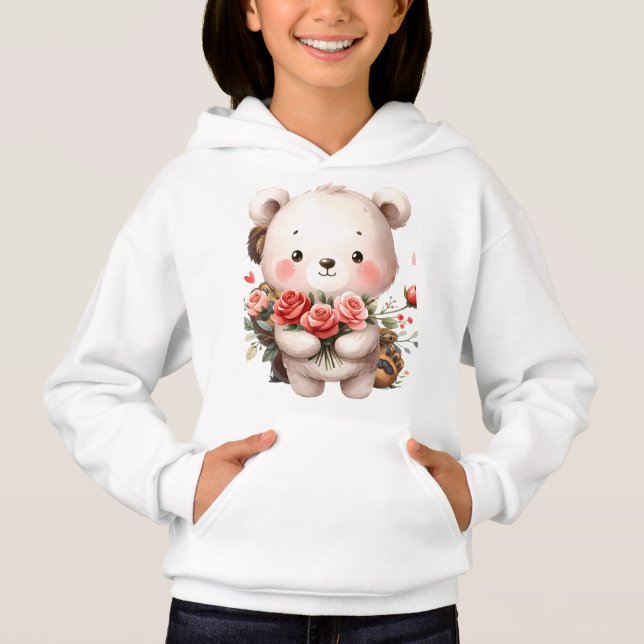 Camiseta Urso Kawaii Branco com Capuz de Rosas Cor-de-Rosa  (Frente)