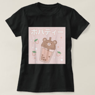 Camiseta Urso Kawaii de Boba Chá de Leite de Morango Fofo