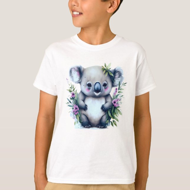 Camiseta Urso Koala Adorável em Campo de Flores (Frente)