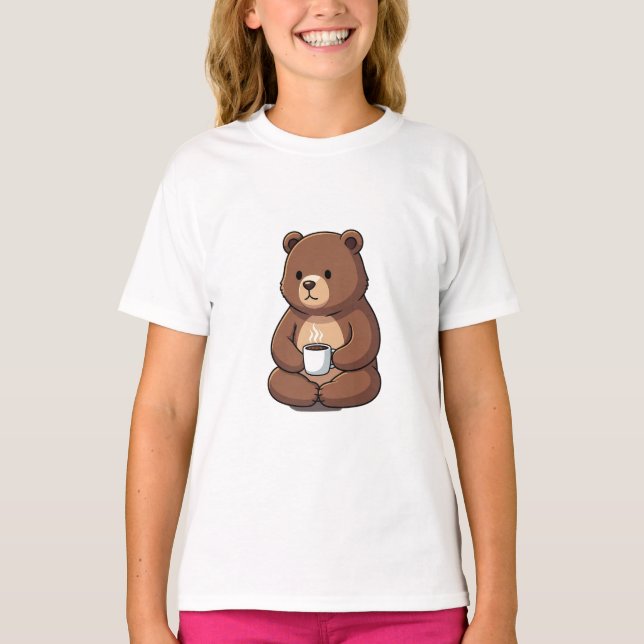 Camiseta Urso Marrom Aconchegante de Café para Crianças (Frente)
