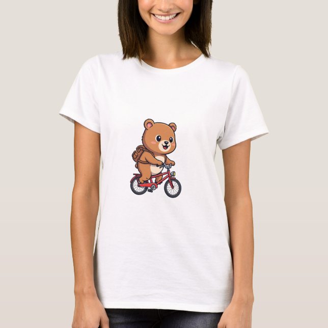 Camiseta Urso Marrom Alegre Andando de Bicicleta Vermelha (Frente)