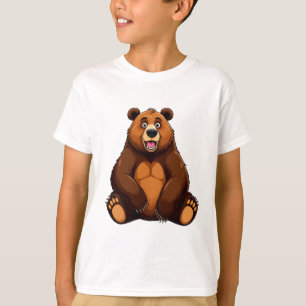 Camiseta Urso Marrom de Desenho Animado Feliz Sentado Sorri