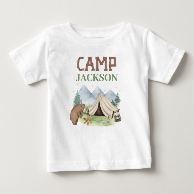 Camiseta Urso Marrom Fofo Tenda Feliz Camper 1º Aniversário (Frente)