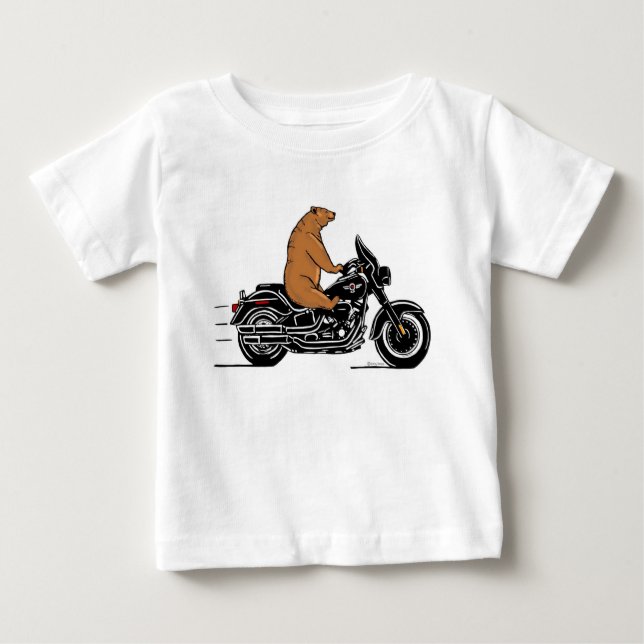 Camiseta Urso marrom-timado a andar de motocicleta (Frente)