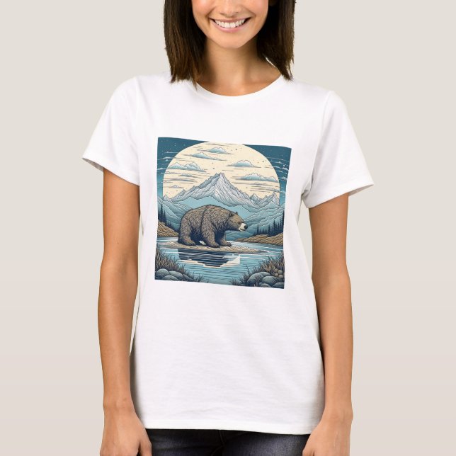 Camiseta Urso, Montanhas, Lago, Lua Cheia, Arte Ai (Frente)