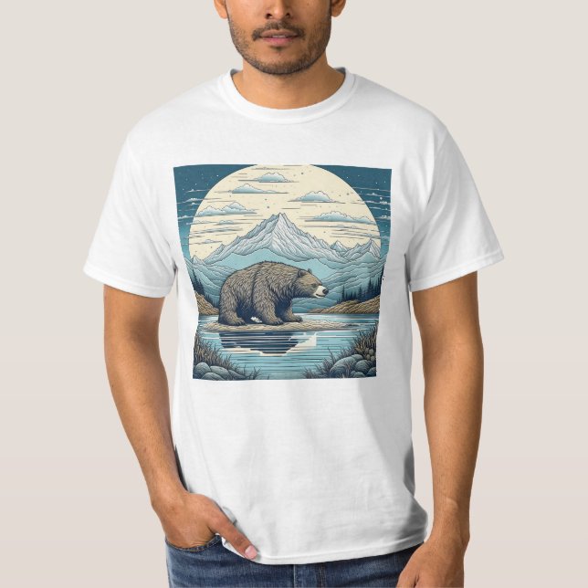Camiseta Urso, Montanhas, Lago, Lua Cheia, Arte Ai (Frente)