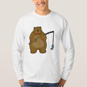 Camiseta Urso na pesca com vara de pesca e peixe