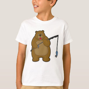 Camiseta Urso na pesca com vara de pesca e peixe