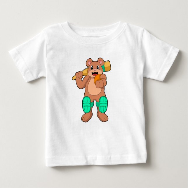 Camiseta Urso no Cricket com bastão de Cricket (Frente)