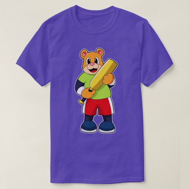 Camiseta Urso no Cricket com bastão de Cricket (Frente do Design)