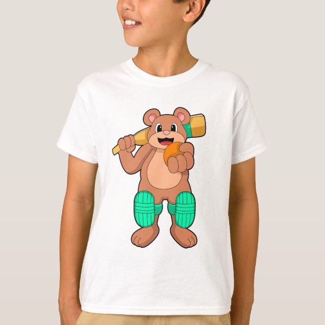 Camiseta Urso no Cricket com bastão de Cricket (Frente)