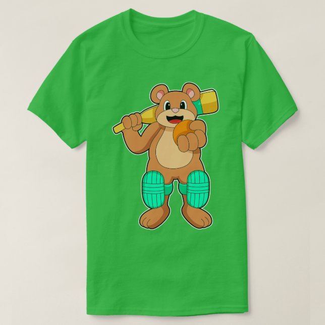 Camiseta Urso no Cricket com bastão de Cricket (Frente do Design)