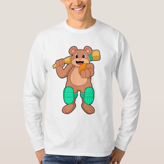 Camiseta Urso no Cricket com bastão de Cricket (Frente)