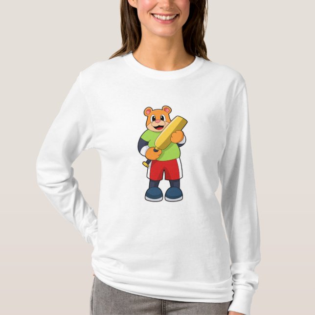 Camiseta Urso no Cricket com bastão de Cricket (Frente)