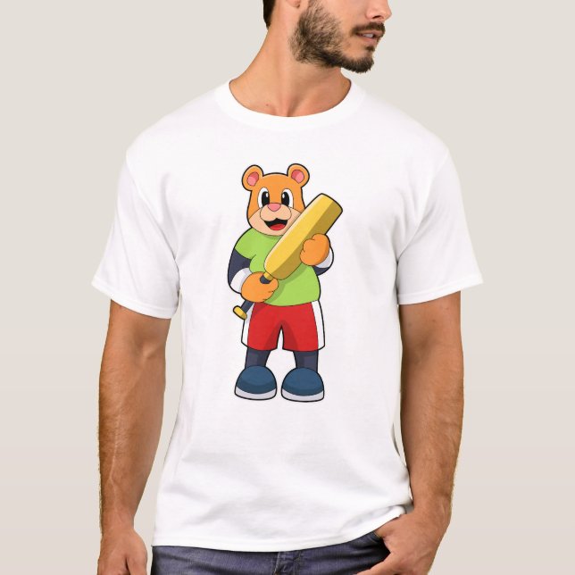 Camiseta Urso no Cricket com bastão de Cricket (Frente)