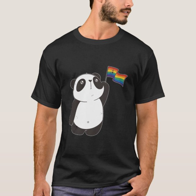 Camiseta Urso Panda Com Bandeira do Arco-íris Para Crianças (Frente)