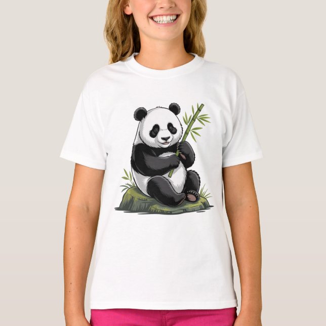 Camiseta Urso Panda Fofo da Moda Com Bambu Verde (Frente)