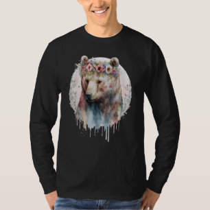 Camiseta Urso Pardo Artístico Aquarela Coroa de Flores Boho