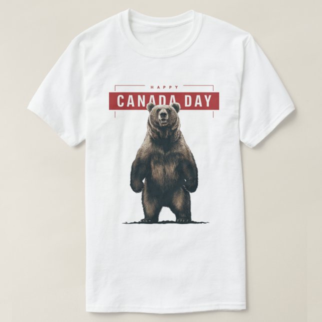 Camiseta Urso Pardo em Pé Feliz Dia do Canadá (Frente do Design)