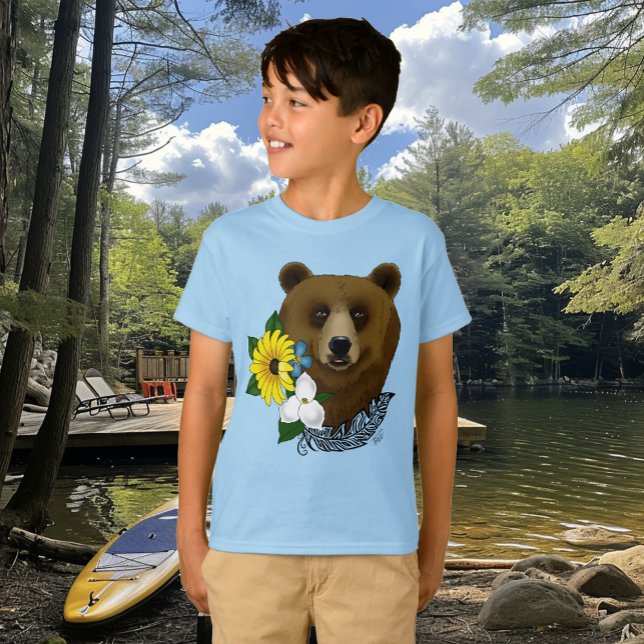 Camiseta Urso Pardo Flores Azuis Pena Vida Selvagem (Criador carregado)