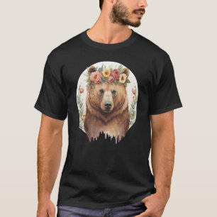 Camiseta Urso Pardo Fofo Grizzly Coroa de Flores Animal