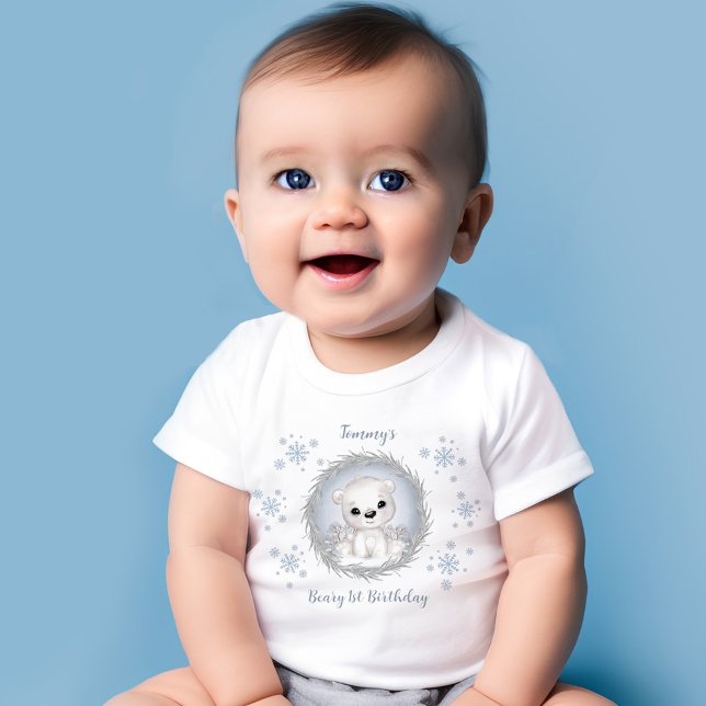 Camiseta Urso Polar Azul-primeiro aniversario De Rapto De I (Winter Boy Beary 1st Birthday Cute Blue Polar Bear Baby T-Shirt)